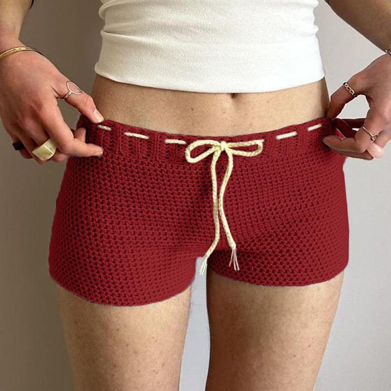 Low Waist Tie-Waist Knitted Mini Shorts Product Image