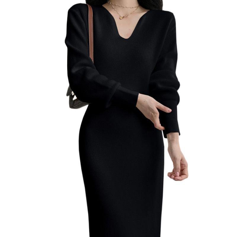 Long-Sleeve V-Neck Plain Ribbed Midi Sheath Knit Dress Product Image