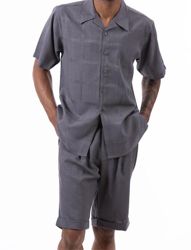 Gray Tone on Tone Windowpane Walking Suit 2 Piece Short Sleeve Set with Shorts Product Image