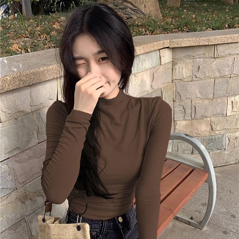 Long-Sleeve High Neck Plain Crop Top Product Image