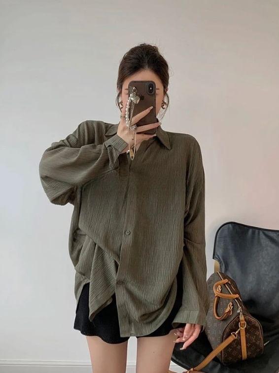 Long Sleeve Plain See-Through Loose-Fit Blouse Product Image