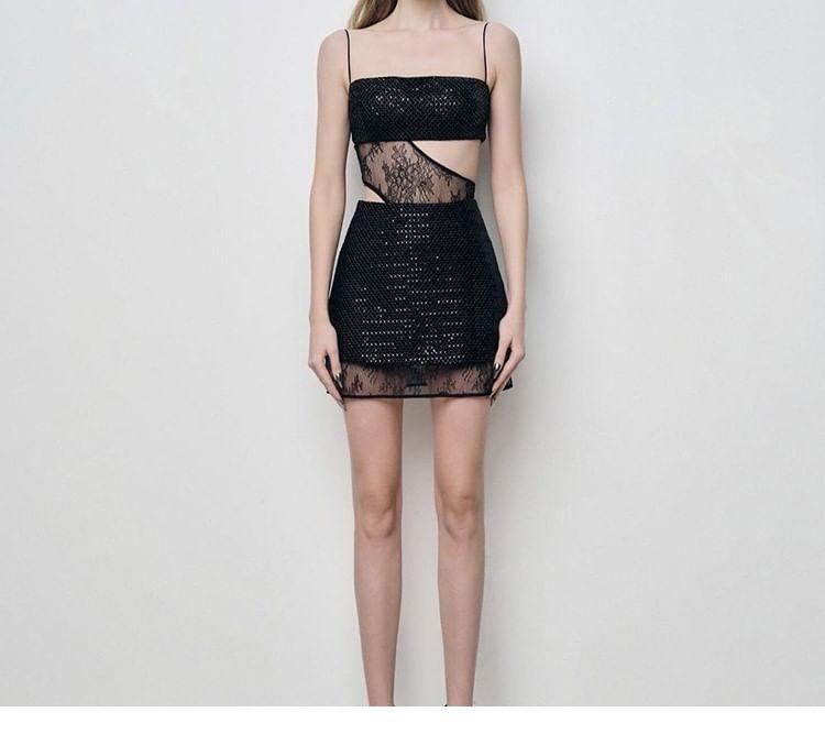 Spaghetti Strap Sequined Cutout Lace Bodycon Mini Dress Product Image