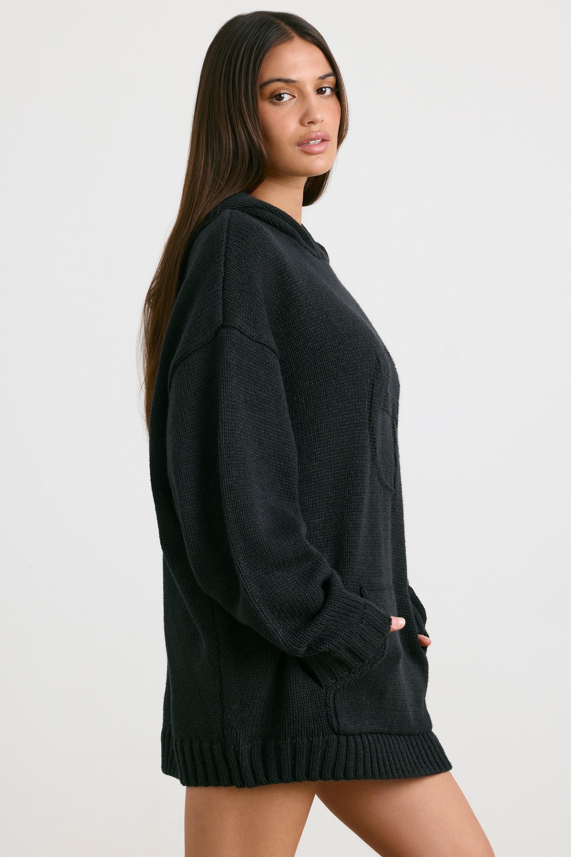 Oversized Chunky Knit Hoodie in Black Product Image