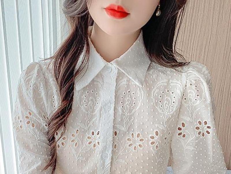 Long Sleeve Collared Plain Embroidered Eyelet Shirt Product Image