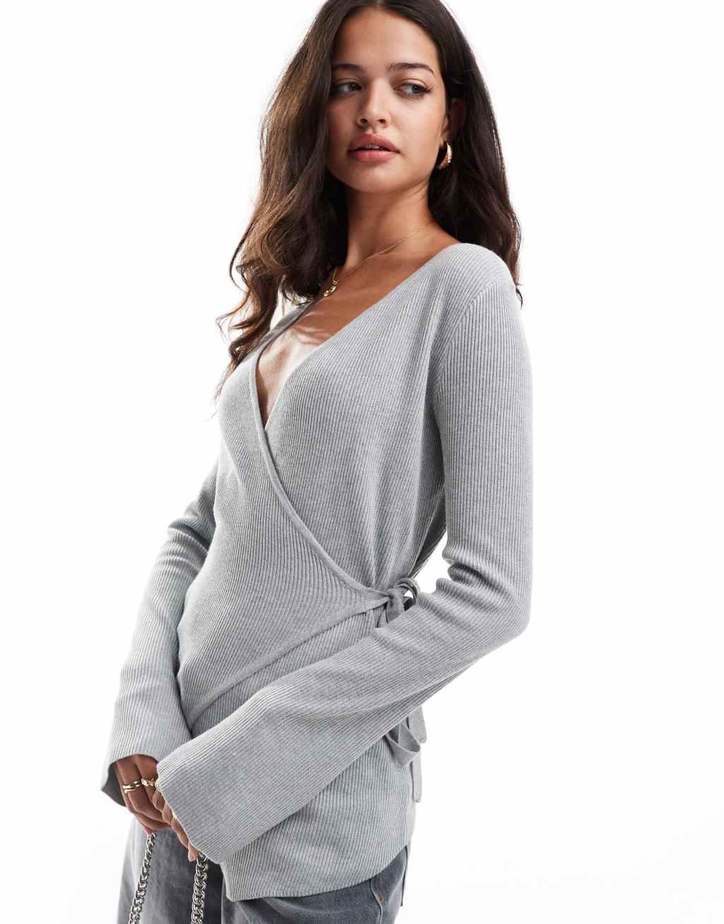 Pretty Lavish wrap knit top in gray Product Image