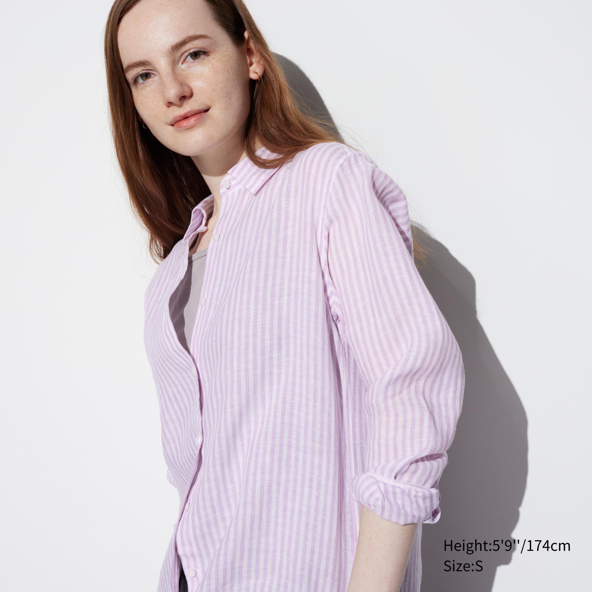 Womens Premium Linen Striped Long-Sleeve Shirt Purple XS UNIQLO US product image