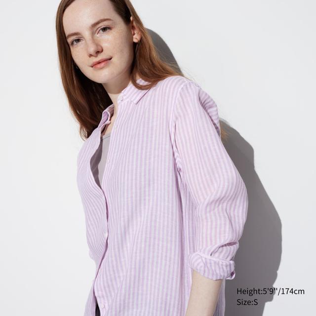 Womens Premium Linen Striped Long-Sleeve Shirt Purple 2XL UNIQLO US Product Image