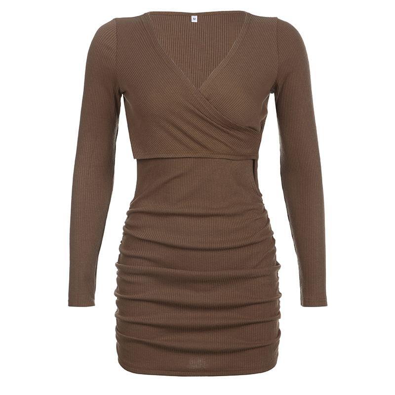 Long Sleeve V-Neck Plain Ribbed-Knit Slim-Fit Mini Bodycon Dress Product Image