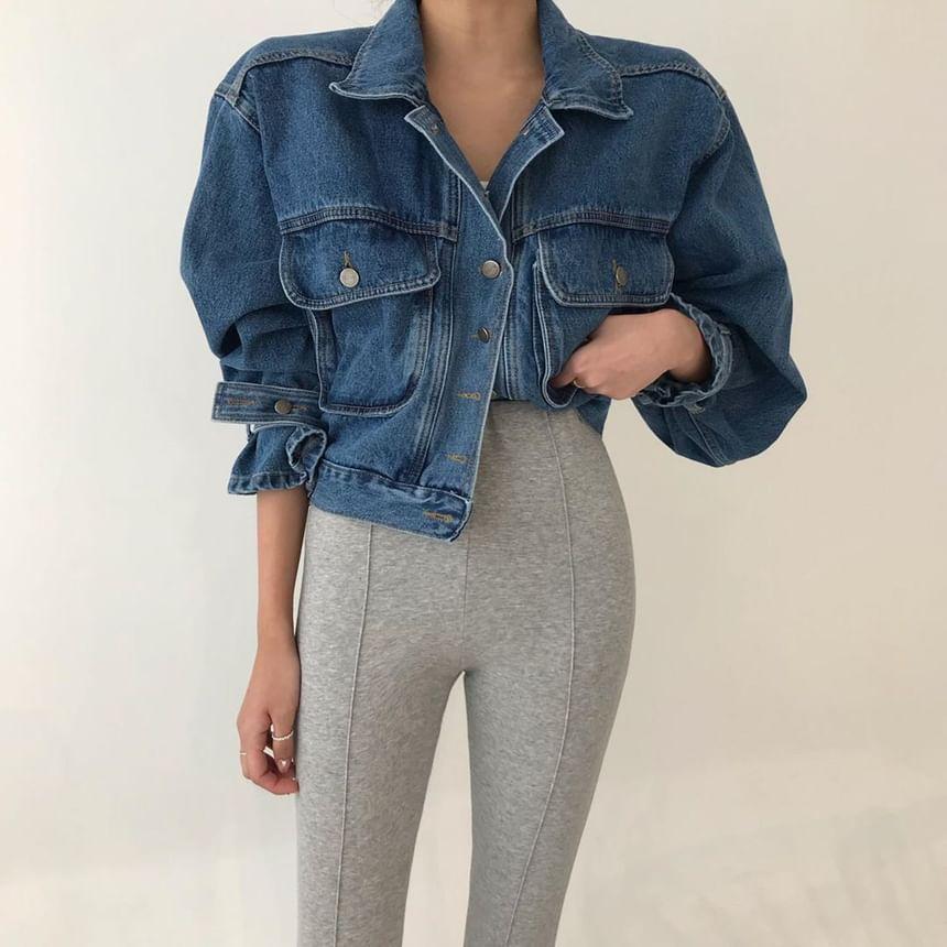 Collared Washed Button-Up Denim Crop Jacket Product Image