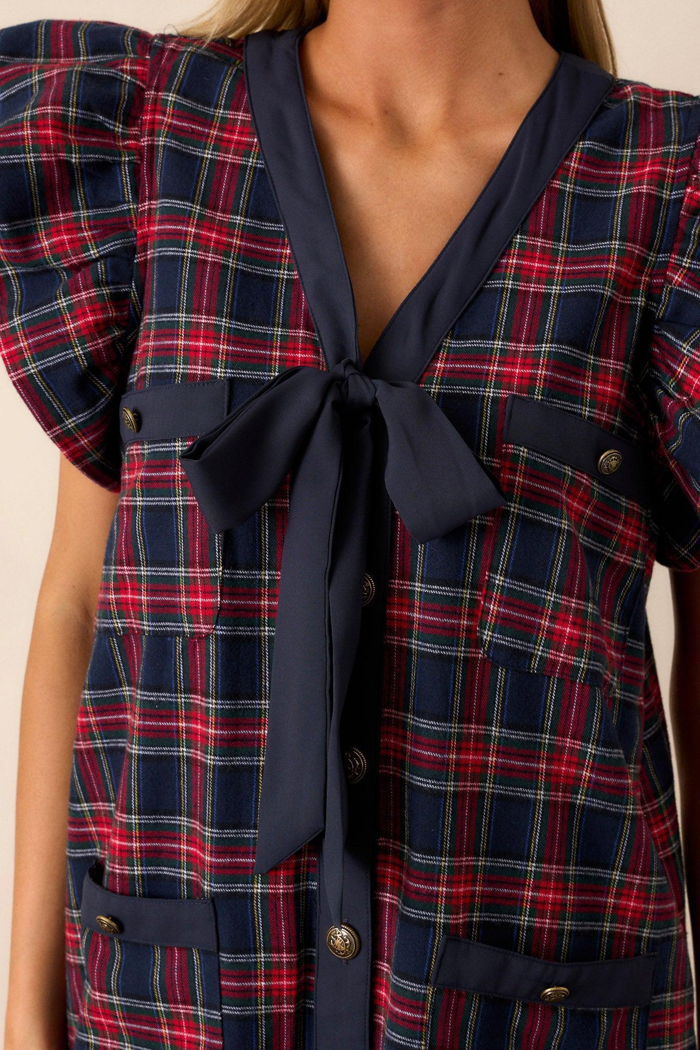 Now I Know Cotton Navy Plaid Mini Dress Product Image