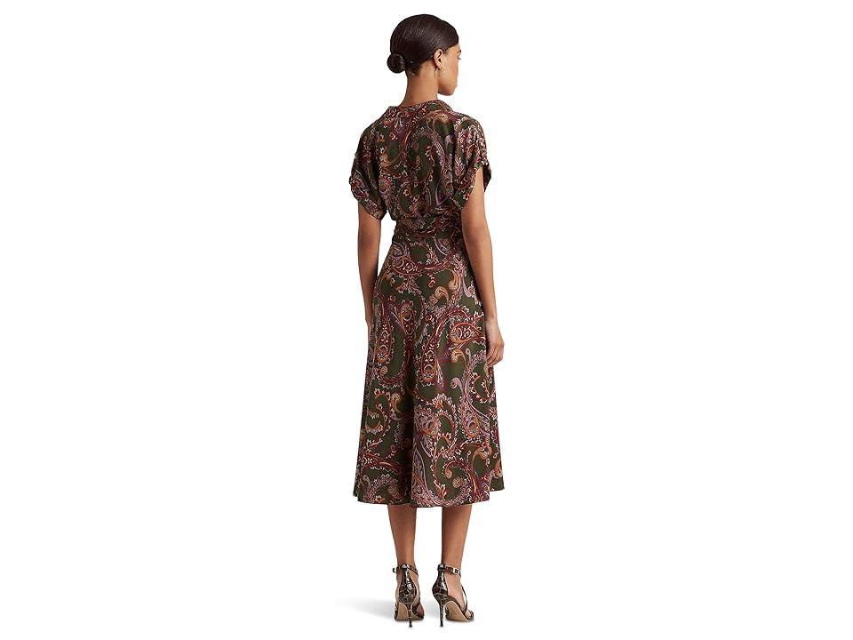 Lauren Ralph Lauren Paisley Belted Crepe Dress (Olive Multi) Women's Dress Product Image