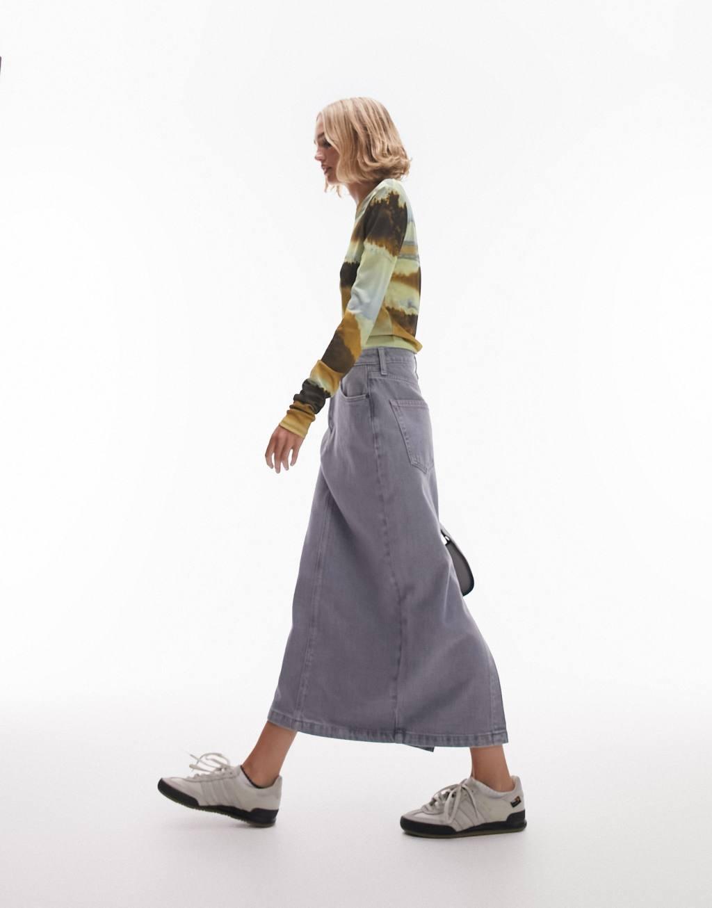 Topshop petite denim midi skirt in gray  Product Image