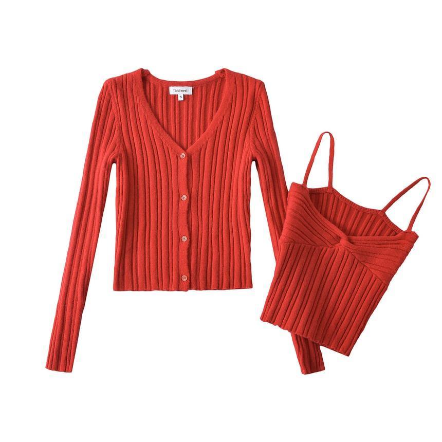 Set: Long-Sleeve V-Neck Plain Button Ribbed Knit Top + Knot Crop Cami Top Product Image