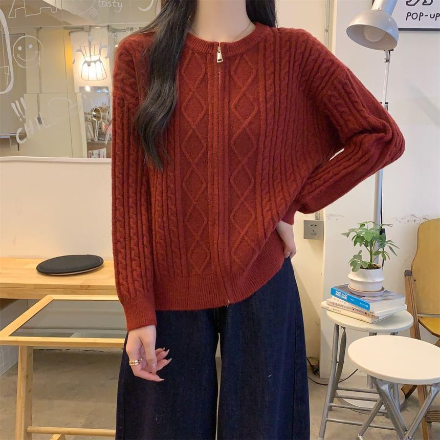 Round Neck Cable Knit Zip Cardigan Product Image