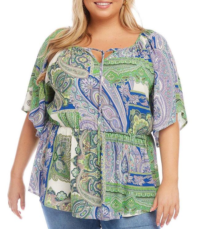 Karen Kane Plus Size Paisley Print Scoop Neck Short Bell Sleeve Peasant Top Product Image