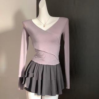 Balletcore Long-Sleeve V-Neck Plain T-Shirt / Scoop Neck Ruched Tank Top / Elastic Waist Mini A-Line Skirt Product Image