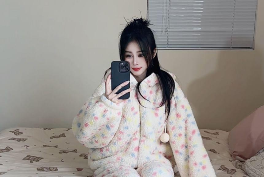 Hooded Dotted Fleece Pajama Set Product Image