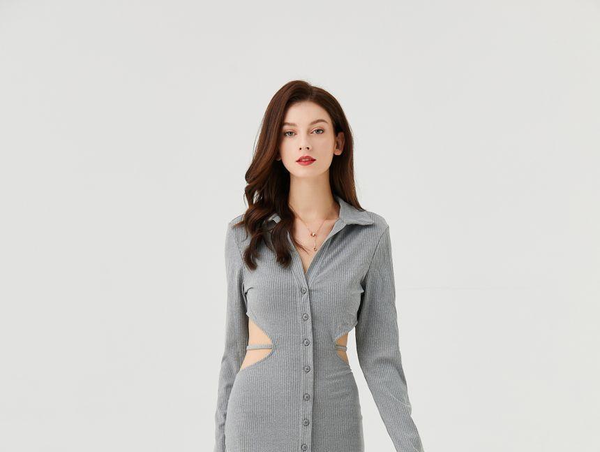 Long-Sleeve Cutout Ribbed Midi Dress Product Image