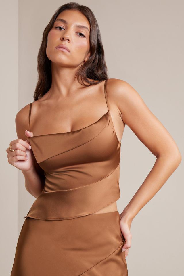 Bias Cut Satin Cowl Neck Crop Top in Mocha Product Image