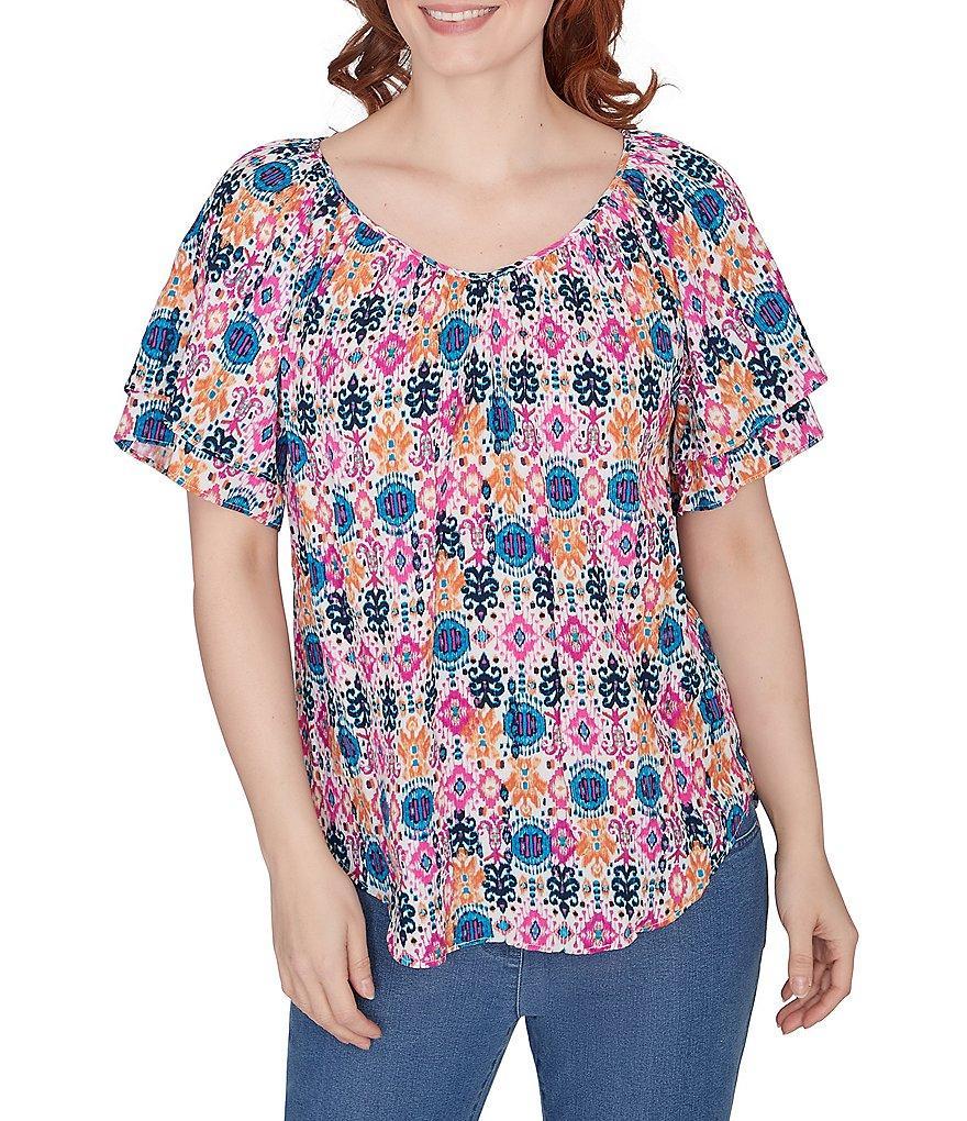 Ruby Rd. Diamond Ikat Abstract Print Gauze V-Neck Double Flounce Short Sleeve Blouse Product Image