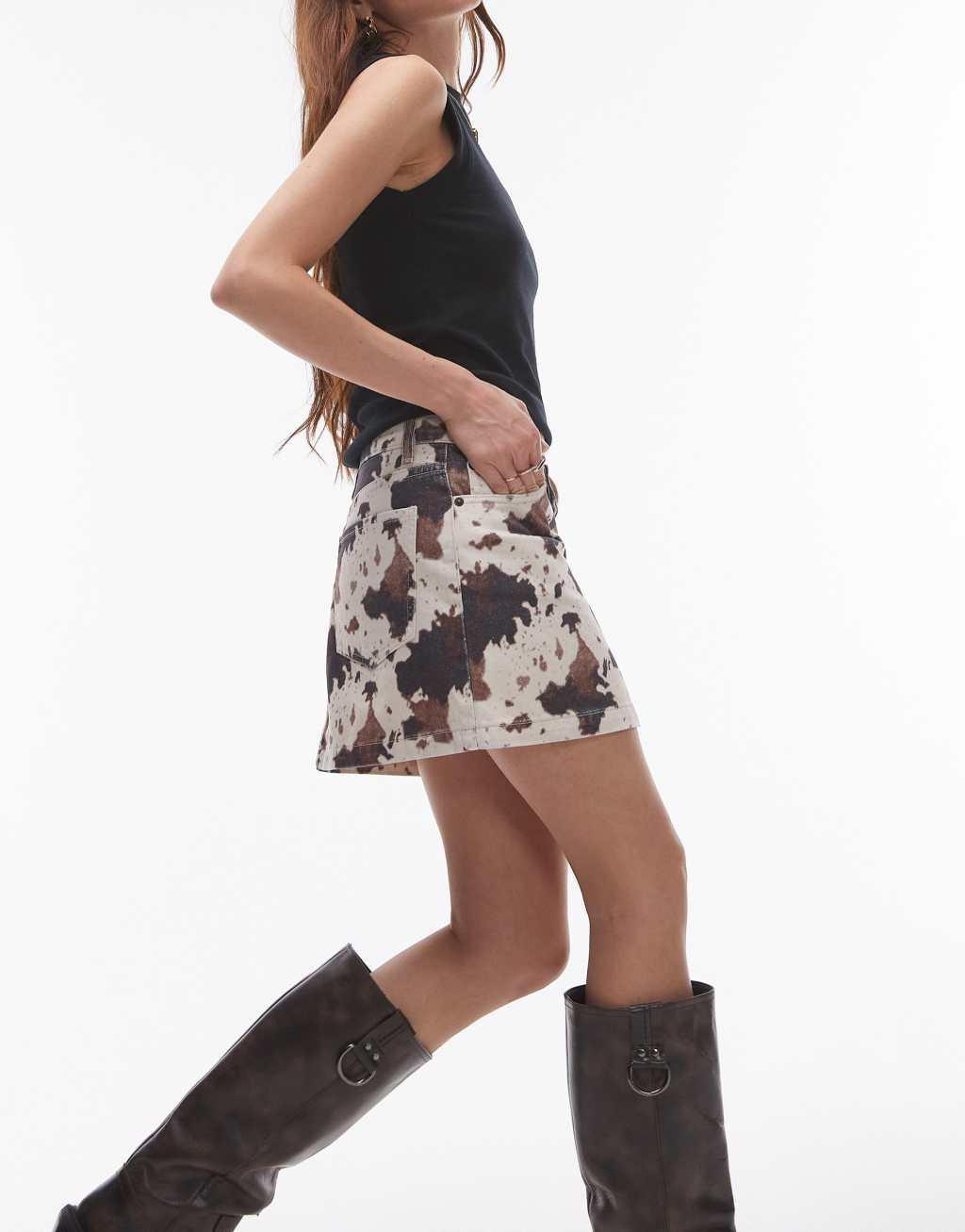 Topshop denim mini pelmet skirt in cow print Product Image