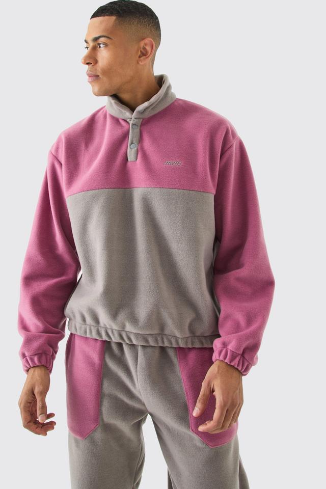 Man Oversized Popper Neck Colour Block Fleece Tracksuit | boohooMAN USA Product Image