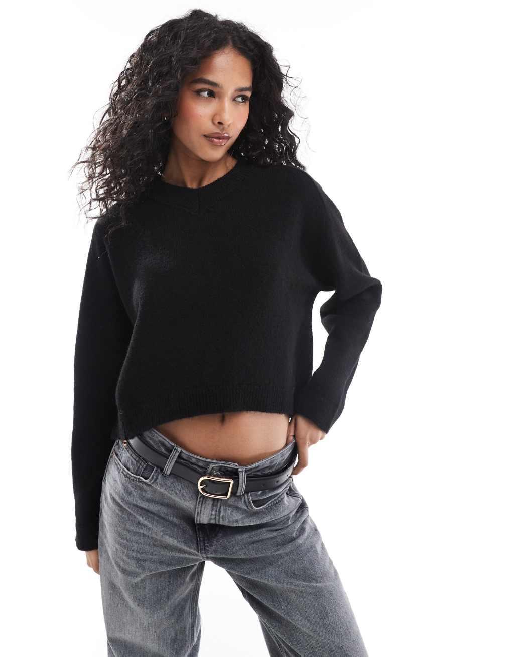 ASOS DESIGN knitted high v neck sweater with saddle shoulder in black Product Image