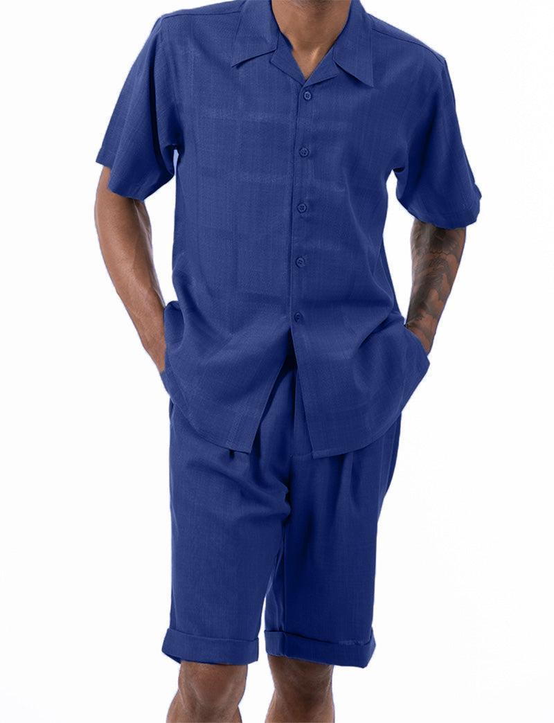 Navy Tone on Tone Windowpane Walking Suit 2 Piece Short Sleeve Set with Shorts Product Image