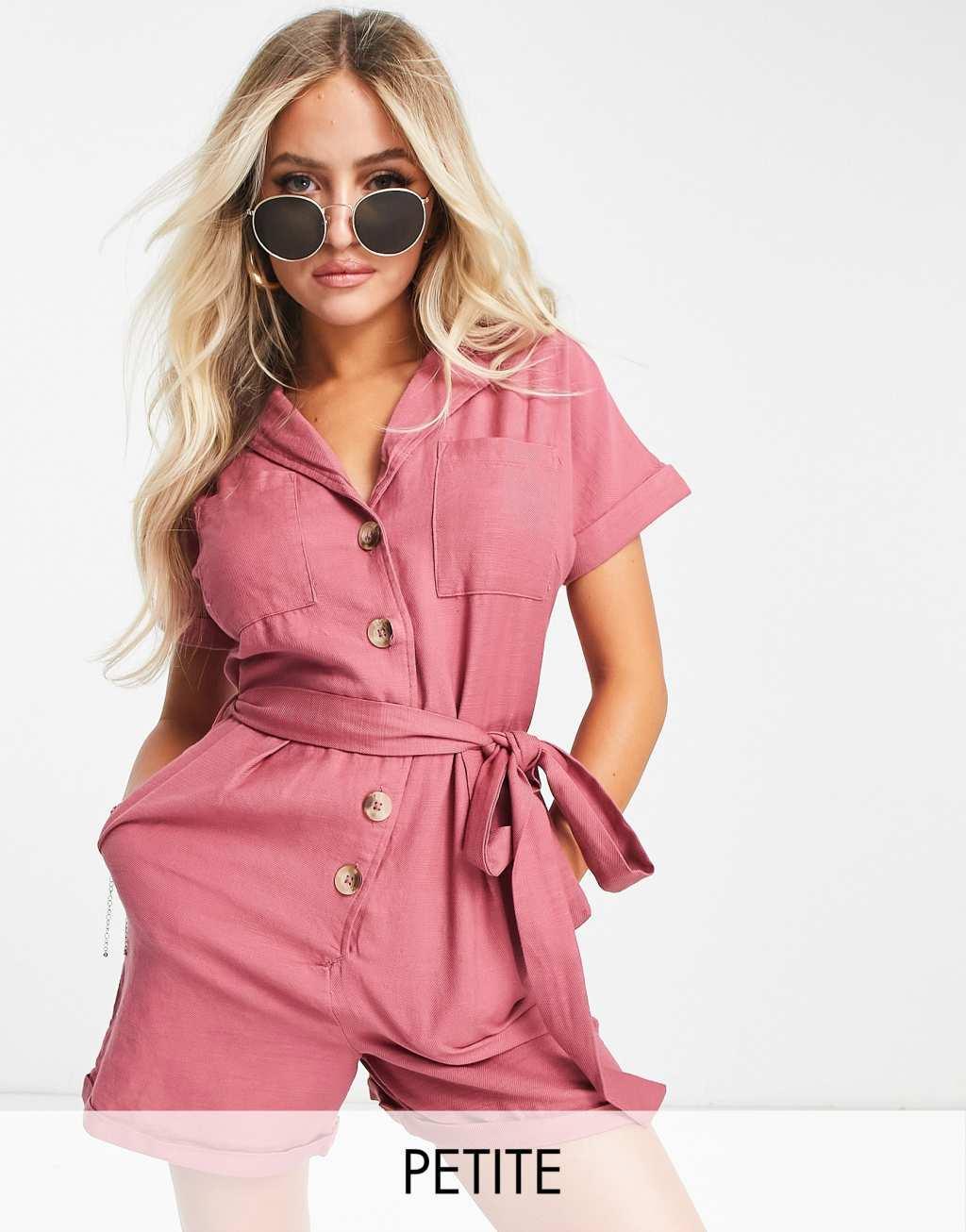 New Look Petite utility tie waist romper in pink Product Image