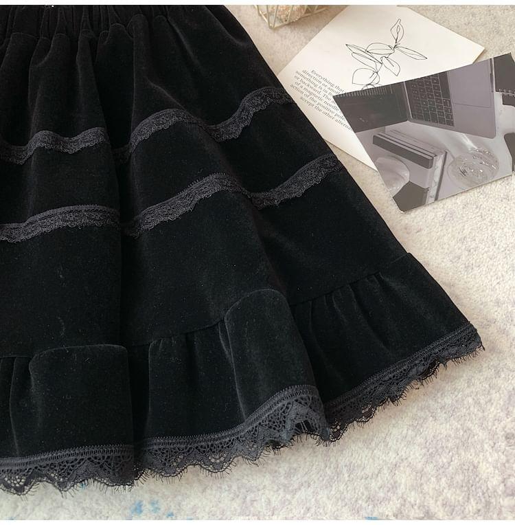 High Waist Velvet Lace Trim Mini A-Line Pleated Skirt Product Image