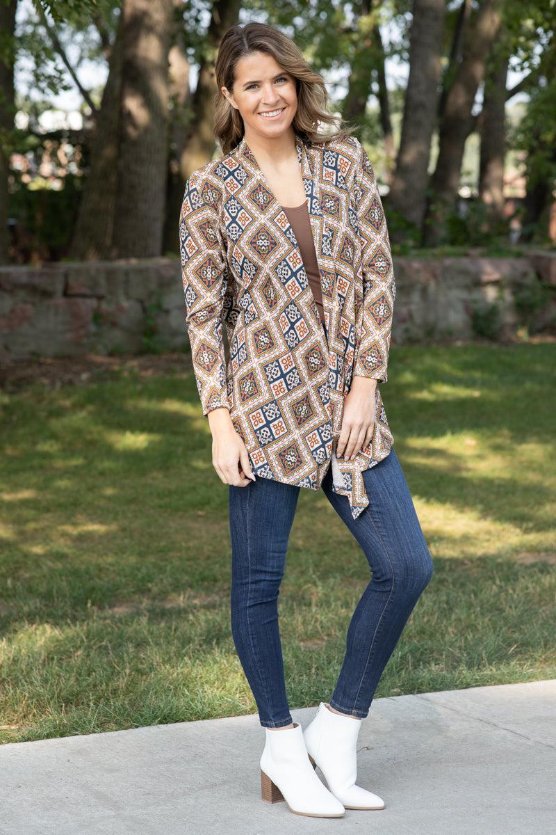 Camel and Teal Multicolor Aztec Cardigan Product Image