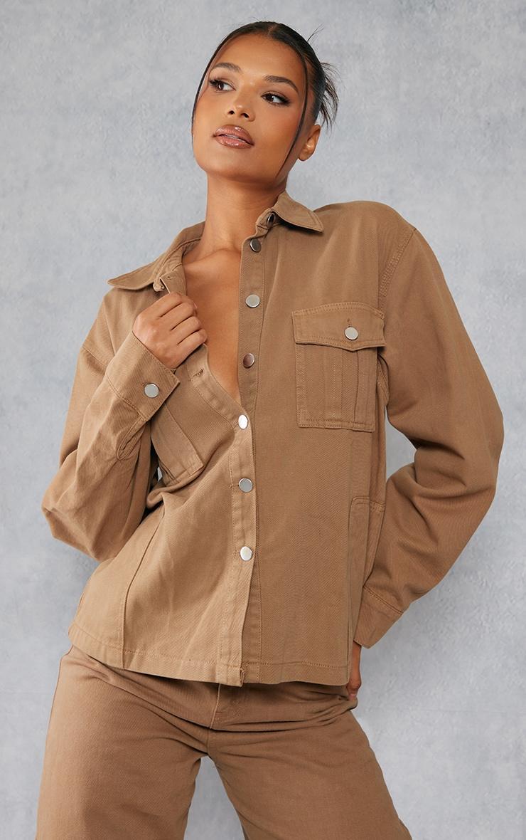 Taupe Oversized Utility Pocket Denim Shirt Product Image