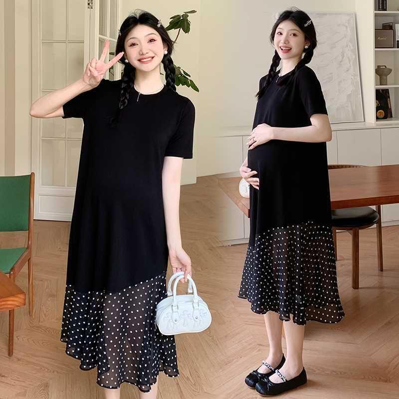 Maternity Short-Sleeve Crew Neck Dotted Panel Midi Sundress Product Image