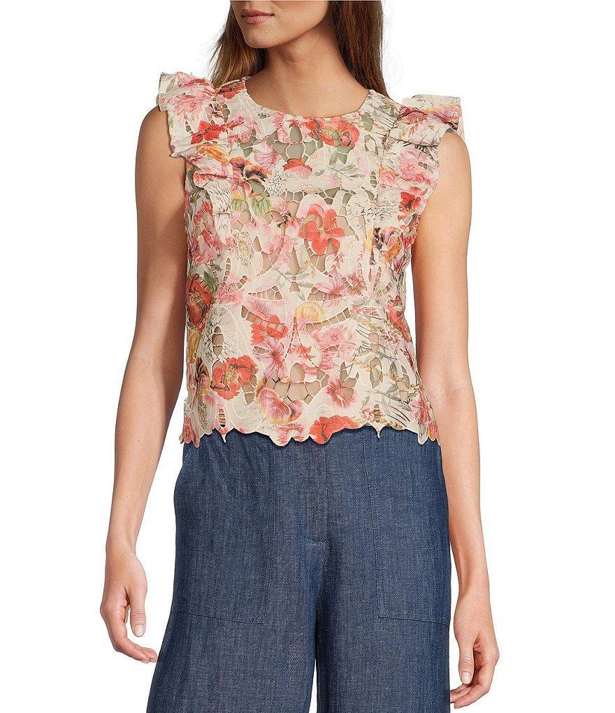 Lucy Paris Woven Fumi Lace Floral Print Round Neck Sleeveless Ruffle Top Product Image