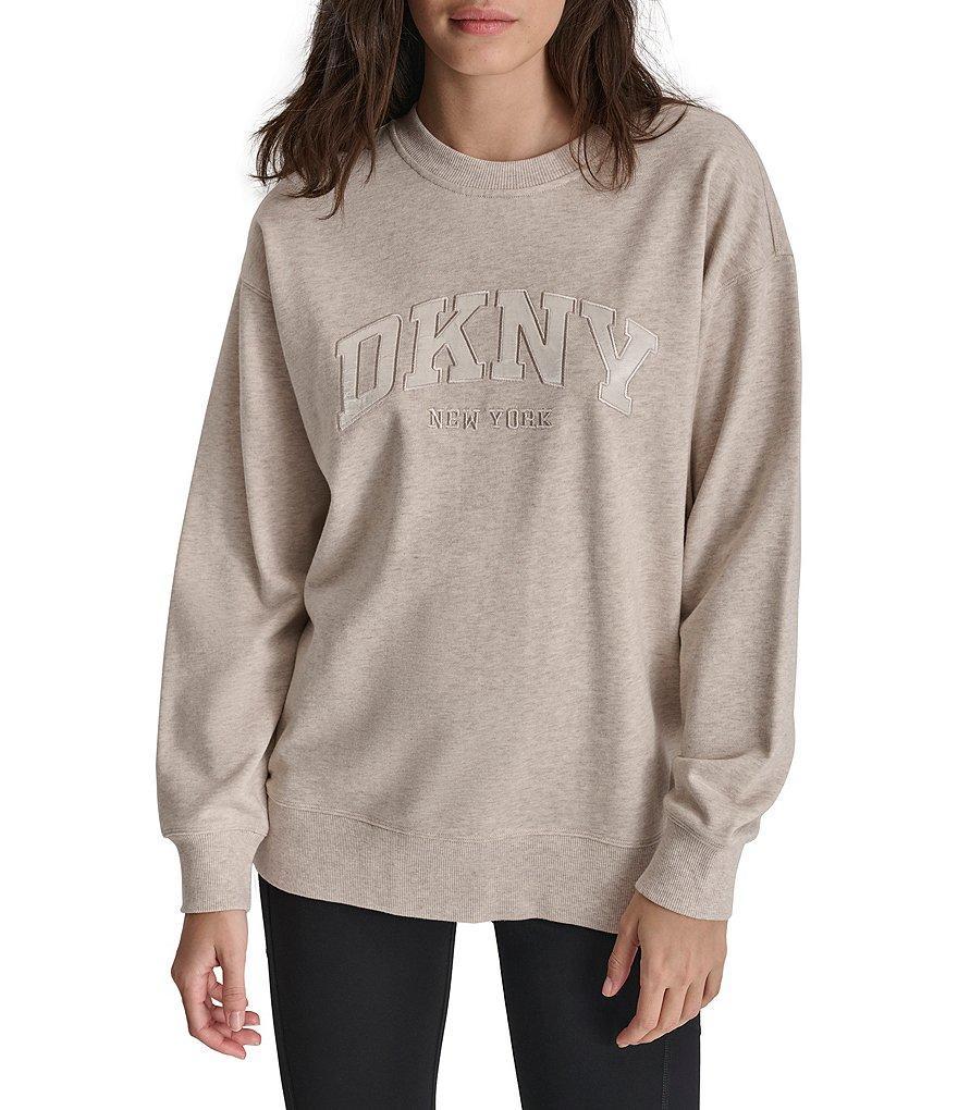 DKNY Sport Varsity Satin Applique Satin Long Line Crew Neck Pullover Product Image