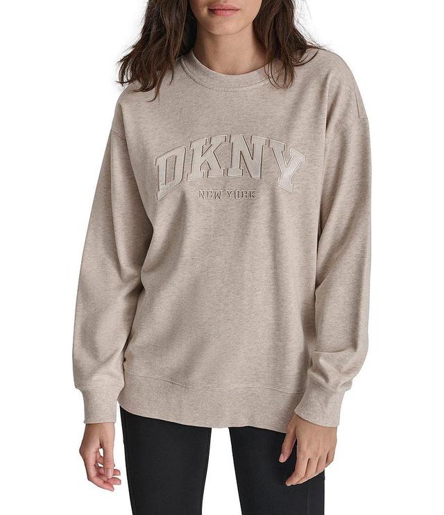 DKNY Sport Varsity Satin Applique Satin Long Line Crew Neck Pullover Product Image