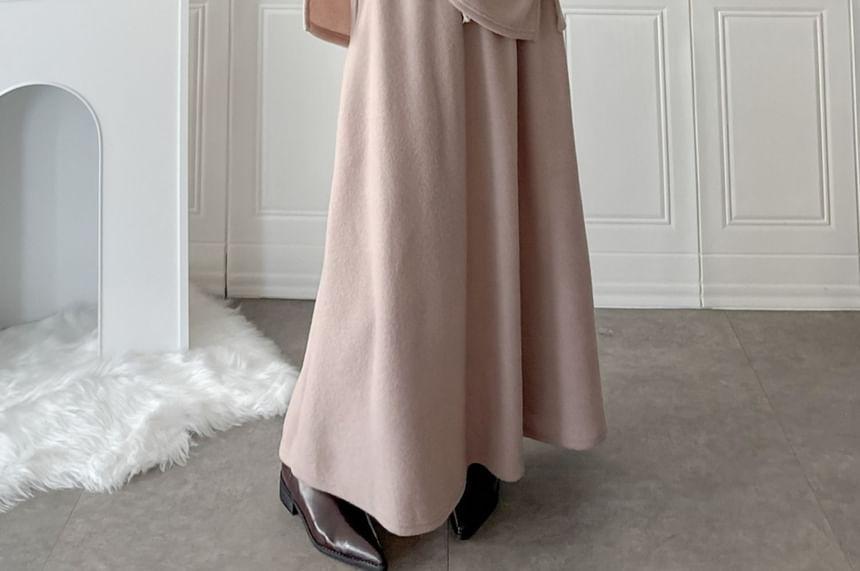 Set: Long-Sleeve Plain Loose-Fit Top + Drawstring Waist A-Line Midi Skirt Product Image