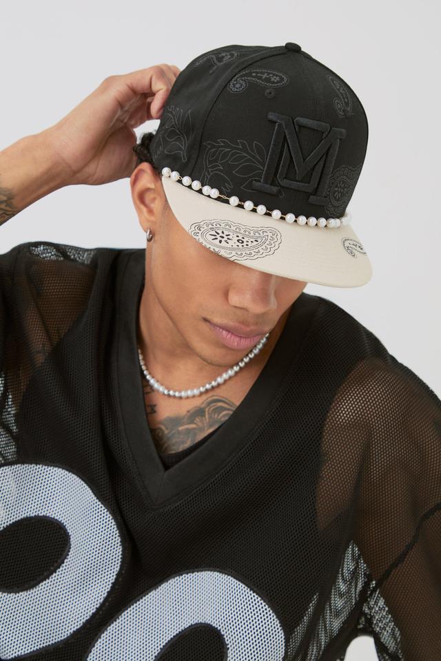 Pearl Embellishment Snapback In Black | boohooMAN USA Product Image