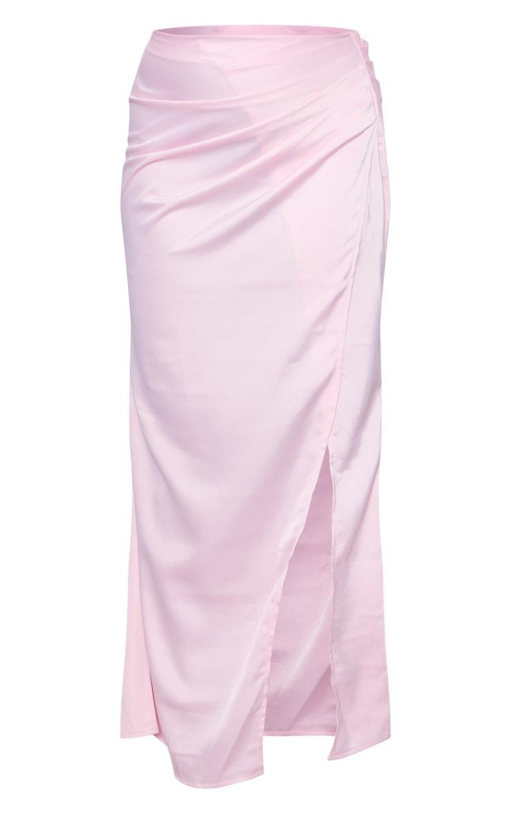 Pale Pink Structured Satin V Front Ruched Split Front Maxi Skirt Product Image