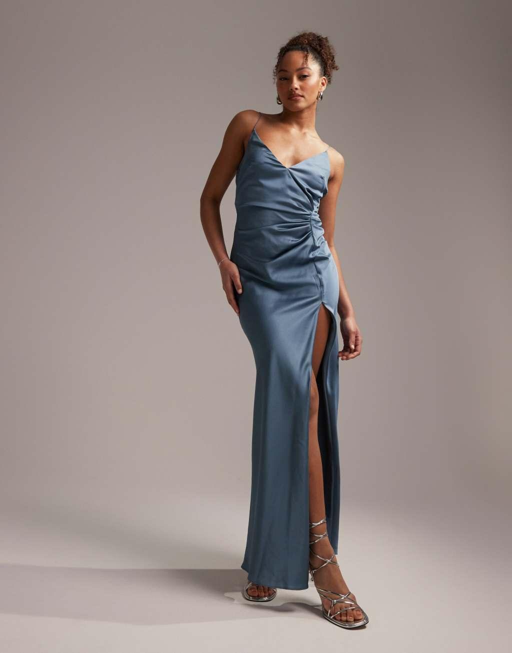 ASOS DESIGN Bridesmaid satin cami maxi dress with drape detail in sage green  Product Image