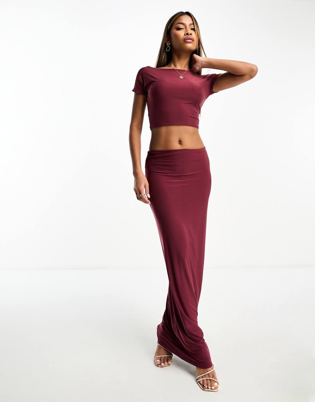 Kaiia slinky column maxi skirt in burgundy - part of a set Product Image