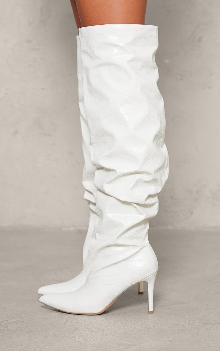 White Croc Pu Point Toe Ruched Knee High Stiletto Heeled Boots Product Image