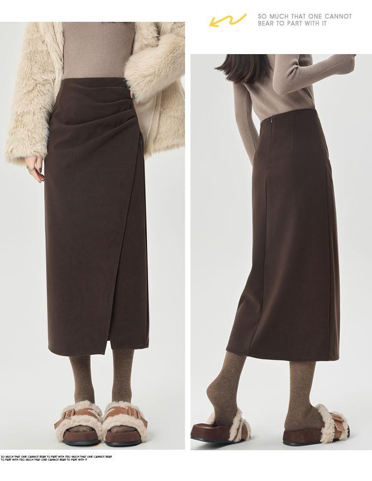 High Rise Plain Asymmetrical Ruched Slit Midi Straight Skirt Product Image