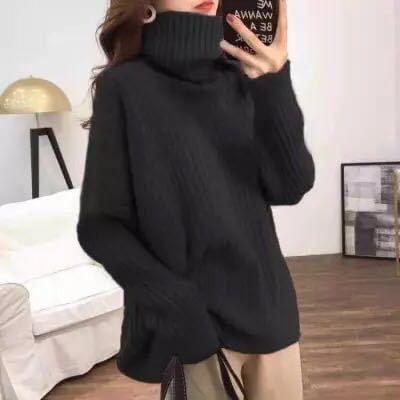 Turtleneck Plain Ribbed Oversized Sweater Product Image