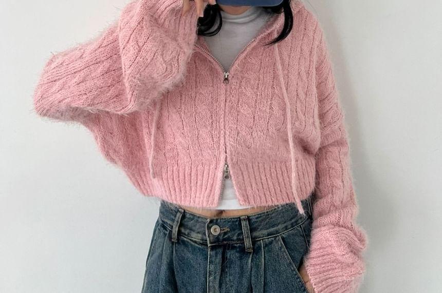 Cable Knit Zip-Up Crop Cardigan Product Image