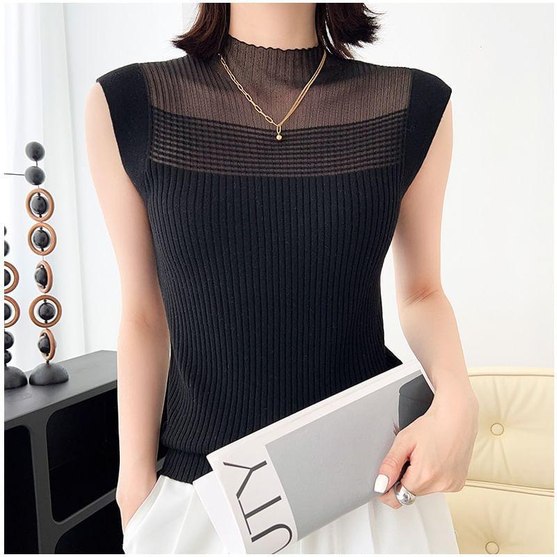 Cap-Sleeve Mock Neck Sheer Plain Knit Top Product Image