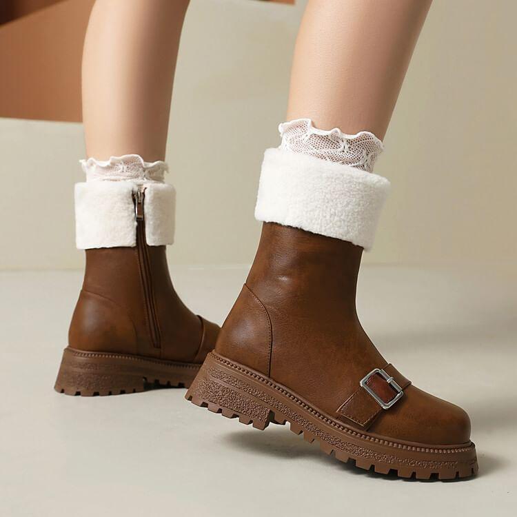 Buckled Fluffy Trim Platform Chunky Heel Short Boots Product Image