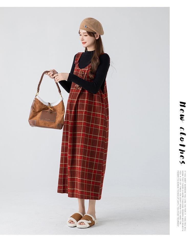 Maternity Long-Sleeve Mock Neck Plain Slim Fit Top / Plaid Bow Midi A-Line Pinafore Dress Product Image