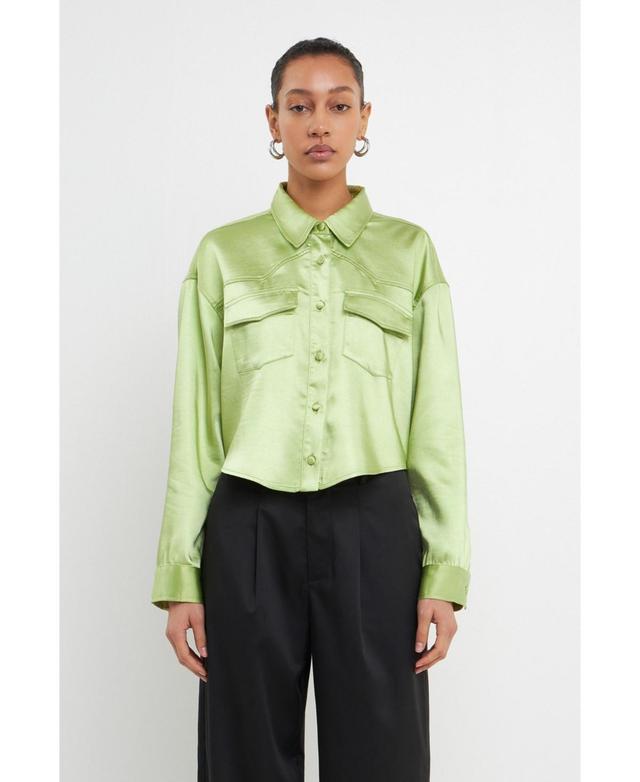 Grey Lab Womens Satin Cropped Button Up Shirt - Light Green Product Image