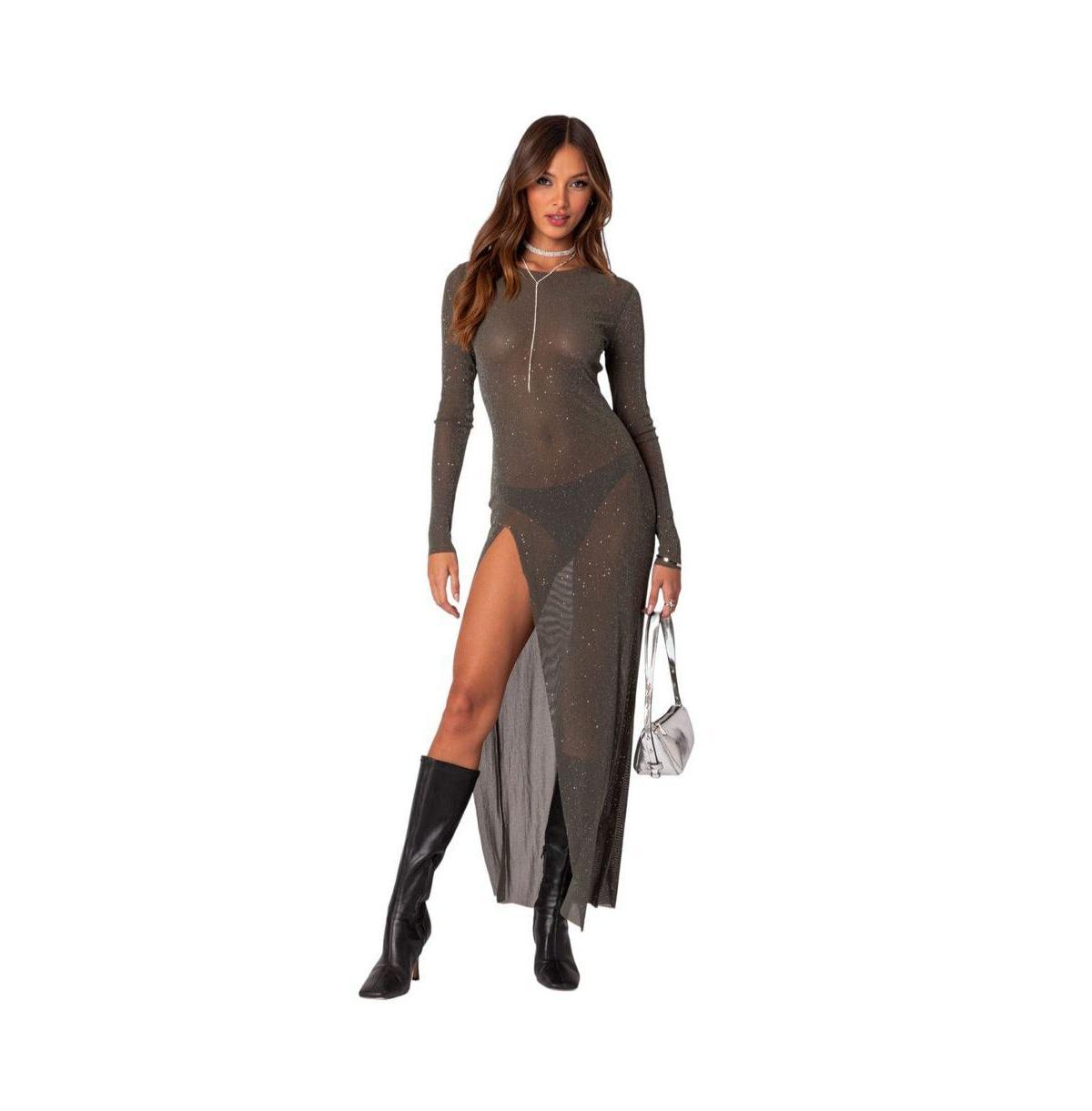 Womens Shiny Mesh Maxi Slit Dress Product Image